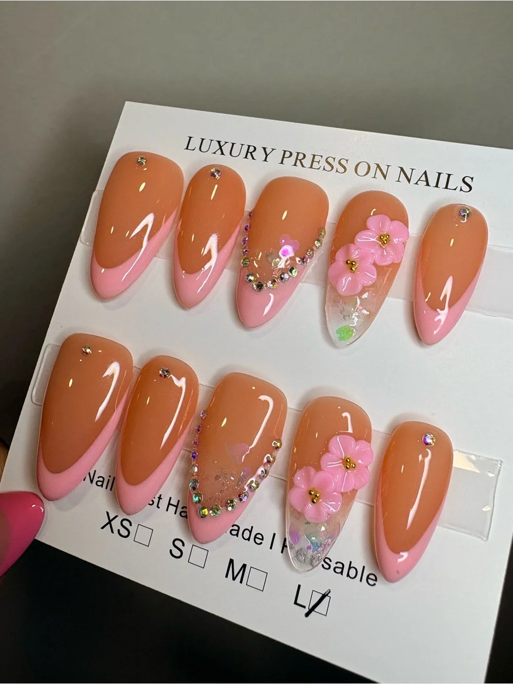 Luxury Pink Floral Press-On Nails - Peach-Pink Almond Set